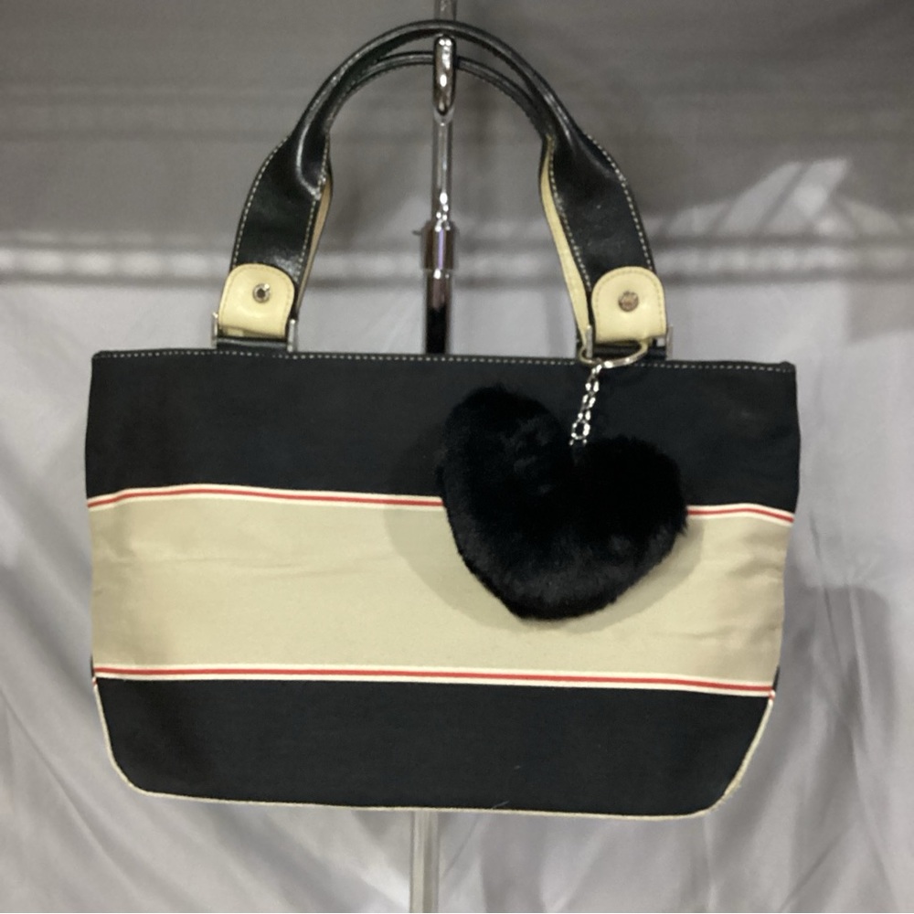 Kate Spade Small Tan & Black Horizontal Striped Tote w/ Leather Trim EUC